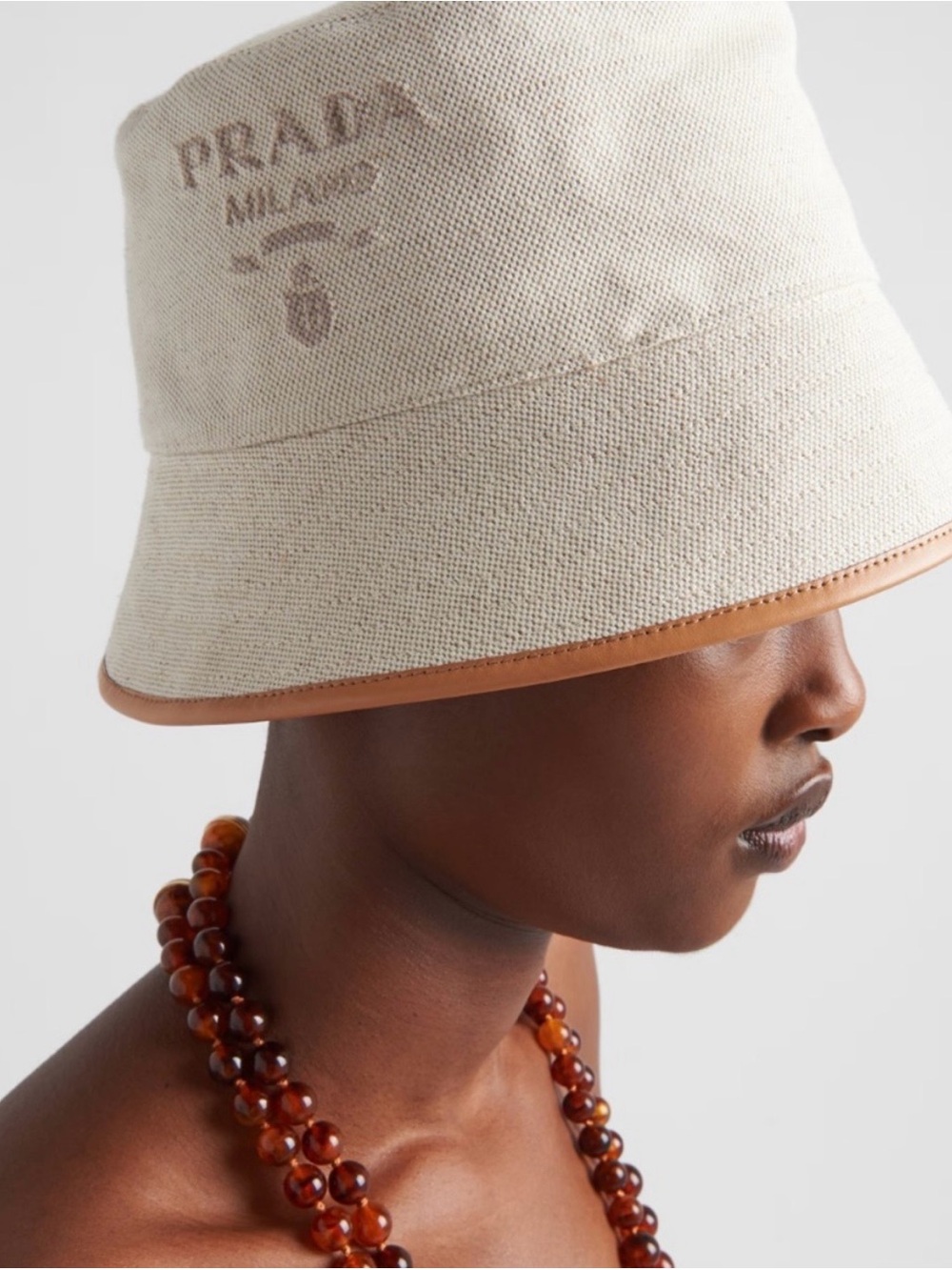 Prada Cream Canvas Bucket Hat with Tan Leather Trim NWT